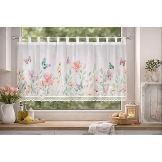 KAMACA Bistrogardine Schlaufenpanneau mit Spitze Weiße Küchengardine mit Blumen & Schmetterlingen Halbtransparenter Kurzstore Lichtdurchlässig Voile Scheibengardine (HxB 60x140 cm Theresia)