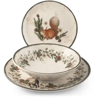 H&H Weihnachts-Tischservice 18 Teile Garland aus Steinzeug – Elegantes Set mit Wintertier-Motiven und zarter Gitterdekoration, mikrowellen- und spülmaschinenfest