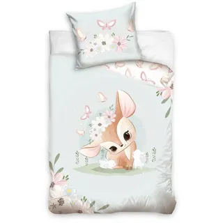 MTOnlinehandel Kinder Bettwäsche Set 135x200 80x80 cm · REH Baby, Hase, Schmetterlinge, Blumen, Frühling · 100% Baumwolle mit YKK Reißverschluss · sanft, weich für Mädchen