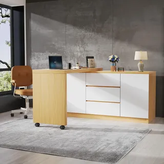 MODFU Kommode mit drehbare Tischplatte,Multifunktionales Sideboard,Beistellschrank Schreibtisch mit Rollen ,Buffetschrank mit 2 Schranktüren und 3 Schubladen - Weiß