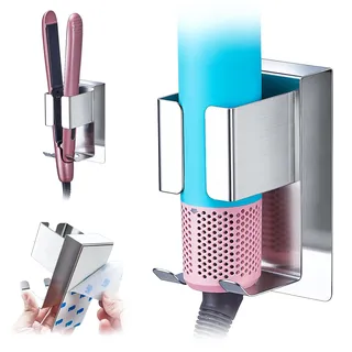 GGQ Föhn und Glätteisen Halterung, Föhn Halterung Föhnhalter Wand, Fönhalter Ohne Bohren, Lockenstab Aufbewahrung, Selbstklebend Fönhalterung, Haartrocknerhalter für Bad (Silber)