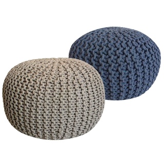 Pouf Set 2 Stück Strickhocker Bodenkissen Grobstrick-Optik Ø 55 cm H 37 cm beige & blau Sitzhocker