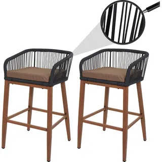 2er-Set Rope-Barhocker HWC-O22, Outdoor Sitzpolster Seilgeflecht Metall Holz-Optik anthrazit, Kissen taupe - Braun