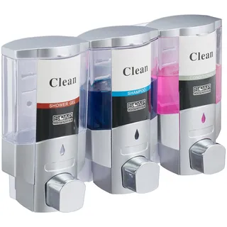 Relaxdays Seifenspender, 3 Kammern, Wandmontage, je 300 ml, Hygienespender, nachfüllbar, Bad, Hotel, Silber/transparent, 10033717, 1 Stück