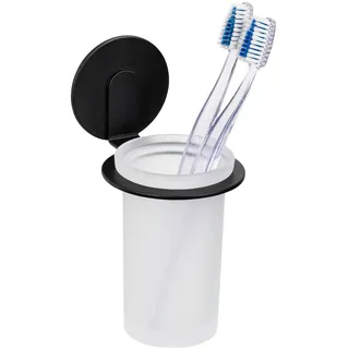 WENKO Turbo-Loc® Zahnputzbecher Bivio Black matt, Wandhalter aus Aluminium, Becher aus satiniertem Glas, Befestigen ohne Bohren, Schwarz