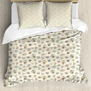 ABAKUHAUS Tee-Party Bettbezug, Vintage Blumen Cup, Milbensicher Allergiker geeignet mit Kissenbezügen, 155 cm x 220 cm - 80 x 80 cm, Mehrfarbig - Bunt