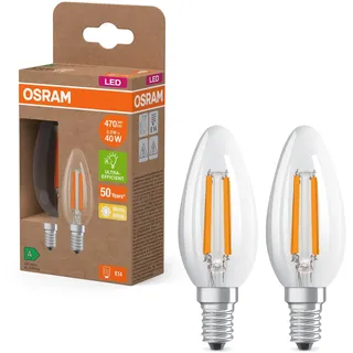 Osram LED Superstar Classic LED-Lampe B 40 in klassischer Minikerzenform, klarer Glaskörper, 2.2 W, 470 lm, E14 Fassung, warmweißes Licht mit 2700 K, EEK A, 35 mm Durchmesser, 2er-Pack