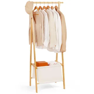 Relquorax Kleiderständer Bambus, Garderobenständer offener Kleiderschrank mit Aufbewahrungstasche Kleiderstange Haken, stabil für Schlafzimmer Flur (S)