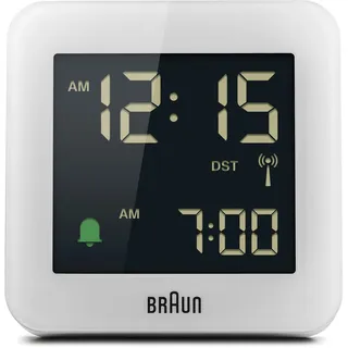 Braun Digitaler Funkwecker Mitteleuropäische Zeitzone (MEZ) mit Schlummerfunktion, Negatives LC-Display, Schnelleinstellfunktion, Crescendo-Alarm in Weiß, Modell BC09W-DCF.