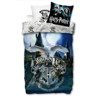 Skybrands Harry Potter Bettwäsche 135x200 cm & Kopfkissenbezug 80x80 cm - Wendebettwäsche mit Hogwarts Wappen, Hedwig & Harry Potter Motiv - 2-teiliges Set aus 100% Baumwolle
