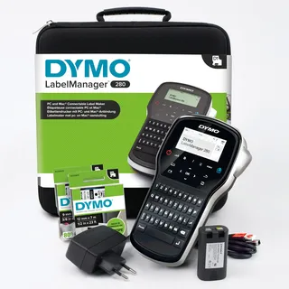 Dymo LabelManager 280 Wiederaufladbares Handheld-Etikettendrucker-Set, QWERTY-Tastatur, mit 2 Rollen D1-Etiketten und Tragetasche