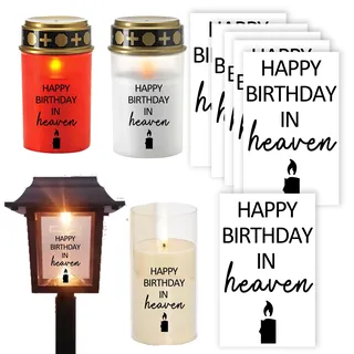 6 Stück,Grabkerzen-Aufkleber Set 'Happy Birthday in Heaven',Dekoratives Gedenklicht-Design mit Kerzen-Motiv Himmelsgeburtstag, Geburtstagslicht, einfache Handhabung, personalisiere Grablichter