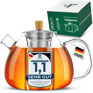 Neighbour's Friend® 1,5 l Teekanne mit Siebeinsatz - Groß, Tropffrei - 3-teiliges Edestahl-Sieb mit Bambusdeckelgriff - Spülmaschinengeeignete Glas Teekanne