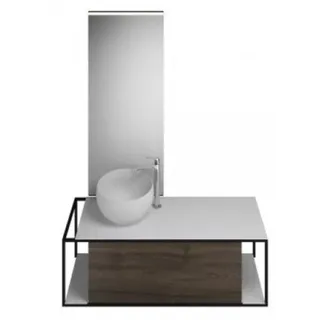 burgbad Junit Set Mineralguss-Waschtisch inklusive Waschtischunterschrank, Version rechts, inklusive Leuchtspiegel SFLG120, Breite: 1200mm, SFLG120RF3152G0175, Farbe: Marone Dekor Trüffel / Marone