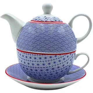 Dekohelden24 Porzellankanne, Tea for one Set, Servierkanne für Tee, Teekanne, Teeservice, Teetasse mit Teekanne, Teekannen-Set Retro mit Teetasse aus Porzellan in Blau, L/B/H 15 x 15 x 16 cm.