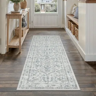 PureCozy Vintage Blauer Teppich Flur Läufer 60x180cm Teppichläufer Boho Waschbarer Carpet Weich rutschfest Lang Teppiche Küche Schlafzimmer Bettvorleger Büro Kurzflor Tepich