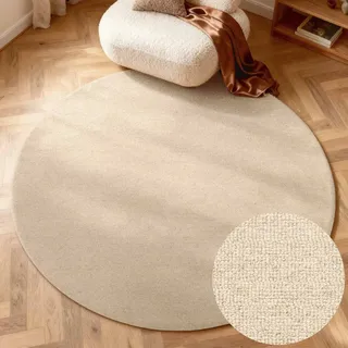 Wollteppich ELLE DECORATION "Knots", hellbeige, H:13mm Ø:160cm, Wolle, Teppiche, Wollteppich, Handtuft, Wolle, Rund, Feines Bouclé, Wohnzimmer, Schlafzimmer, Natur