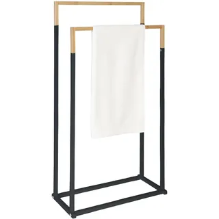 Relaxdays Handtuchständer, HxBxT: 86 x 44 x 21 cm, Metall, Bambus, 2 Stangen, stehender Handtuchhalter, schwarz/Natur