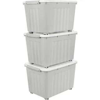 Cetomo,55L,3er-Pack, Aufbewahrungsbox mit deckel,Aufbewahrungsboxen, mit Clips, stapelbar, Wohnzimmer, Schlafzimmer.lebensmittelecht ,Verschlussclips,Neumaterial Plastik-Box grau