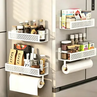 JIEHIN 4 Stück Gewürzregal Magnetisch für Kühlschrank Weiß, 2 Größen Magnetregal, Multifunktionaler Küchen Organizer für Gewürze und Küchenorganisation