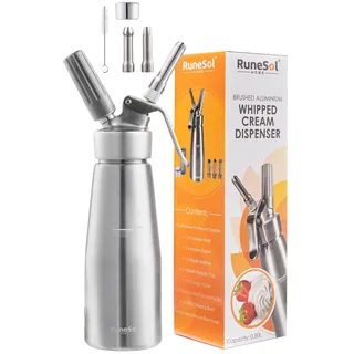 Runesol Sahnespender 500ml, Professionelle Sahnesyphon für Nachspeisen, Sahnesiphon mit 3 Edelstahl Deko-Düsen, Schlagsahne Sprühdose und Espuma Flasche, Aluminium Whipped Cream Dispenser