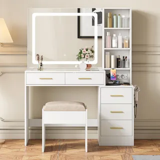 ProximaX Multifunktionaler Schminktisch mit Glasplatte, moderner Schlafzimmer-Schminktisch, stabil und pflegeleicht - Weiß