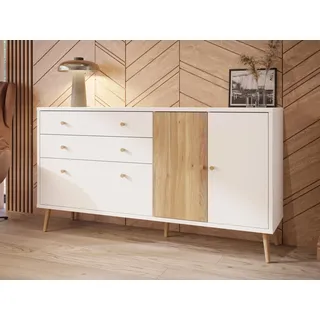 Forte EasyKlix HARLLSON Kommode 160 Weiß mit Holzdekor: Mauvella Eiche, hoche Holzfüße, Sideboard mit 2 Schubladen und 3 Türen, skandinavisch, Retro Stil, 160 cm breit x 86 cm hoch x 41 cm tief