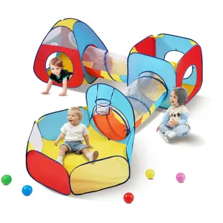 VEVOR 5-in-1-Spielzelt mit Tunnel, Basketballkorb für Jungen, Mädchen, Babys und Kinder, Pop-Up-Spielhaus für drinnen und draußen mit Tragetasche und Spanngurten, Geburtstagsgeschenke, Rot/Gelb/Blau