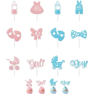 YAZWUR 24 Stück Gender Reveal Tortendeko Babyparty, Baby Boy or Girl Deko Kuchen, Baby Shower Cupcake Topper, Tortenstecker für Taufe, Gender Reveal Party Deko, Tortendeko Babyparty (Blau, Rosa)