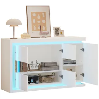 Modfu Sideboard aus Spanplatte 140x40x84 cm Weiß mit LED-Beleuchtung, Glastüren und verstellbaren Einlegeböden , Holzwerkstoff , 140x84x40 cm , Kleinmöbel, Kommoden, Sideboards
