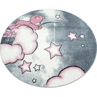 Ayyildiz Teppiche Kinderteppich "Kids 580, auch in rund erhältlich" rund 12 mm Höhe auch in rund, Teddybär, Sterne Design, Kurzflor, pink, grau