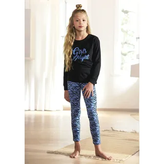 Pyjama BUFFALO, Jungen, Gr. 146/152, schwarz (schwarz, blau), Single Jersey, Obermaterial: 100% Baumwolle. Unterteil: 95% Baumwolle, 5% Elasthan, bedruckt, Basic, Basic schmal lang, Rundhals, abgesteppte Kante, Homewear-Sets Pyjama, Schlafanzug mit Zebra-Muster