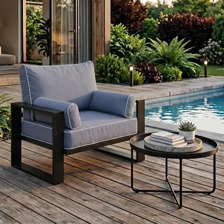 BEAUTYSOFA | VERDINO Gartensessel Blaugrau – Gartenstuhl Lounge mit Metallrahmen, Outdoor Sessel wetterfest, Polyrattan SIMAX 42 - Blau, Grau