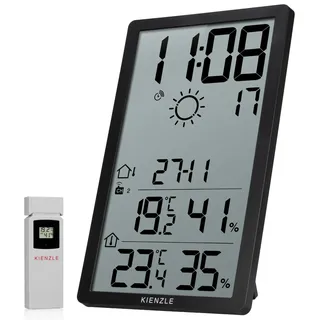 Kienzle Funk-Wanduhr mit Wetterstation XXL Display 34 cm vertikal, Innen-Außentemperatur, Luftfeuchtigkeit, Wettervorhersage, inkl. Außensensor - Schwarz