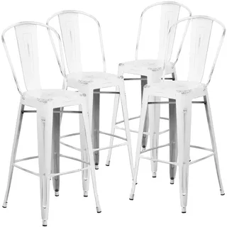 Flash Furniture Handelsübliche Qualität, 4 Stück, 76,2 cm hoch, Metall, für drinnen und draußen, Barhocker mit Rückenlehne, Weiß, 4 Stück