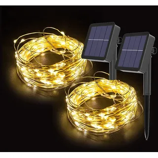 Gresonic 2 * 100LED Solar Kupferdraht Lichterkette Außen, Wasserdicht 8 Modi Solarlichterkette für Garten Terrasse Balkon Bäume,Lichtdraht Aussen Beleuchtung Deko(Warmweiß, 2 * 100LED Solar)