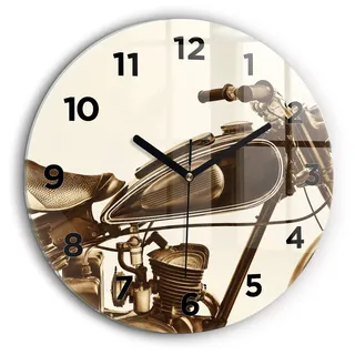Wallfluent Große Wanduhr – Stilles Quarzuhrwerk - Uhr Dekoration Wohnzimmer Schlafzimmer Küche - Zifferblatt - schwarze Zeiger - 60 cm - Sepia-Motorrad Vintage - Braun