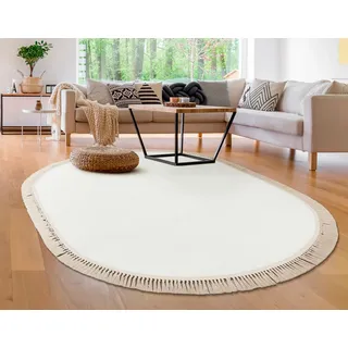 Paco Home Teppich Rund Wohnzimmer Kinderzimmer Hochflor rutschfest Einfarbig Fransen Weich Creme, 180x200 cm oval, 12 mm Höhe, Uni Farben, sehr weicher Flor, mit beige