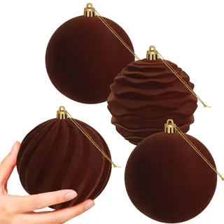 Miaikoe 4 PCS Große Samt Weihnachtskugeln Ornamente zerstörungsdicht hängend Set für Weihnachtsbaum Feiertagsparty Dekorationen (Braun, 10 cm)