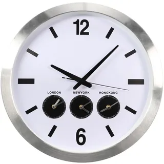 Perel Wandfunkuhr, Funkuhr Wand Küche, Wanduhr Funk, Küchen Funkuhr, Funk Wanduhr groß, Küchenuhr, Weltuhr mit 3 Zeitzonen, DCF, rund, analog, 50.5 cm, Aluminium, Silbergrau