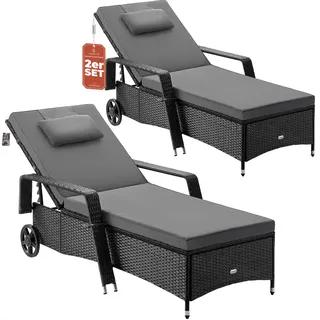 Casaria® Sonnenliege 2er Set mit Rollen 7cm Auflage Extra Breit 90cm Gartenliege Wetterfest 165kg Belastbar Terrasse Balkonmöbel Liegestuhl Schwarz Anthrazit - Grau