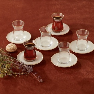 KARACA Retro Beige Teeset Für 6 Personen Teeservice,6x Türkische Teegläser Mit Untertasse, Cay Bardagi Seti, Türkischer Tee, Glas, Cay Seti, Teeteller, Tea