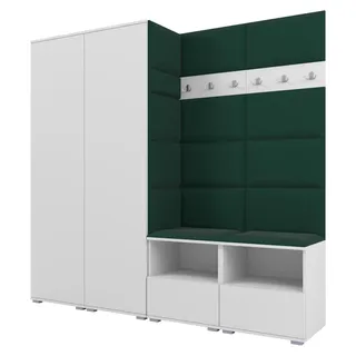 Garderobe NELA VI 200 cm Kompaktgarderobe Weiß mit Sitzpolster Flaschengrün 28 (Schrank & Paneel) - Weiß, Grün