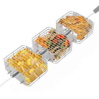 Onlyfire 3er Set Grillkorb für Drehspieße, Edelstahl Drehspieß-Korb Flach Rotisserie Grill Korb Drehspiess Zubehör für Chicken Wings, Fleisch und Gemüse