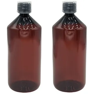 Devitre 2 braune Laborflaschen 1000 ml Kunststoff mit Deckel Messbecher und Etiketten