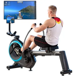 Skandika Rudergerät für Zuhause Nordlys | ECHTES RUDERGEFÜHL durch kugelgelagerte Schwenkarme, Klappbar, Magnetwiderstand, 16 Stufen, 21 Trainingsprogramme, Bluetooth, Kinomap-App, Rudermaschine