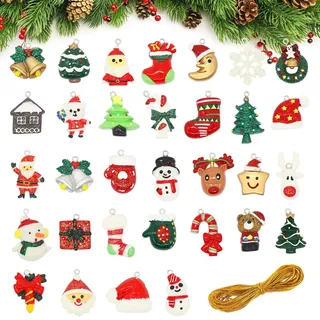 Forbabe 32-teilig Mini Christbaum Deko Weihnachtsanhänger Kleine Weihnachtsbaumschmuck Adventskalender Anhänger Ornament aus Harz für Adventkalender Weihnachten Dekoration DIY Schmuck