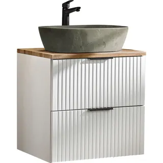Badmöbel Waschtisch Unterschrank Set 60 cm matt weiß mit Wotaneiche, 2 Softclose Schubkästen, Keramik-Waschbecken Betonoptik - Weiß