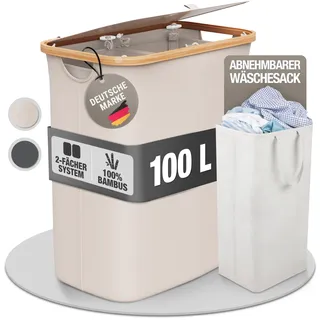 Wäschekorb 100L Faltbar mit Deckel und 2 Fächern – Wäschesammler Bambus-Stoff Beige – Wäschebox, Wäschetruhe, Wäschebehälter, Wäschetrenner für Bad, Schlafzimmer & Waschküche