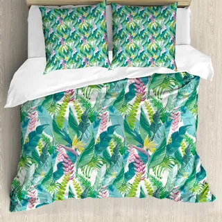 ABAKUHAUS Aquarell Bettbezug, Exotische Dschungel Hawaii, Milbensicher Allergiker geeignet mit Kissenbezügen, 155 cm x 220 cm - 80 x 80 cm, Grün, Rosa, Weiß - Weiß
